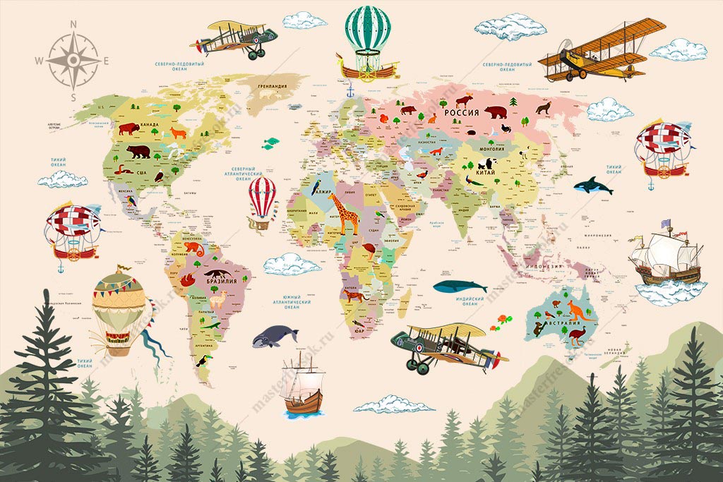 Фотообои Карта мира и лес