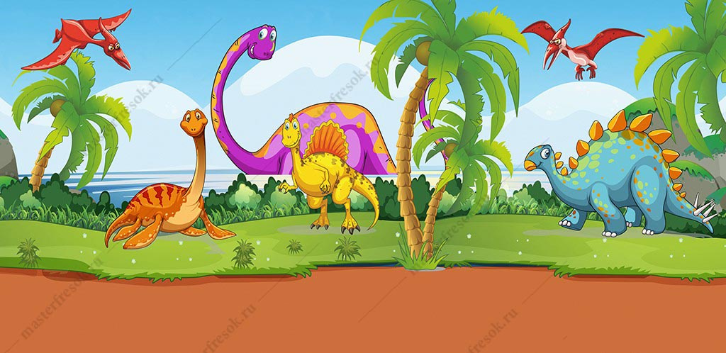 Фотообои Яркие динозавры на берегу в детскую