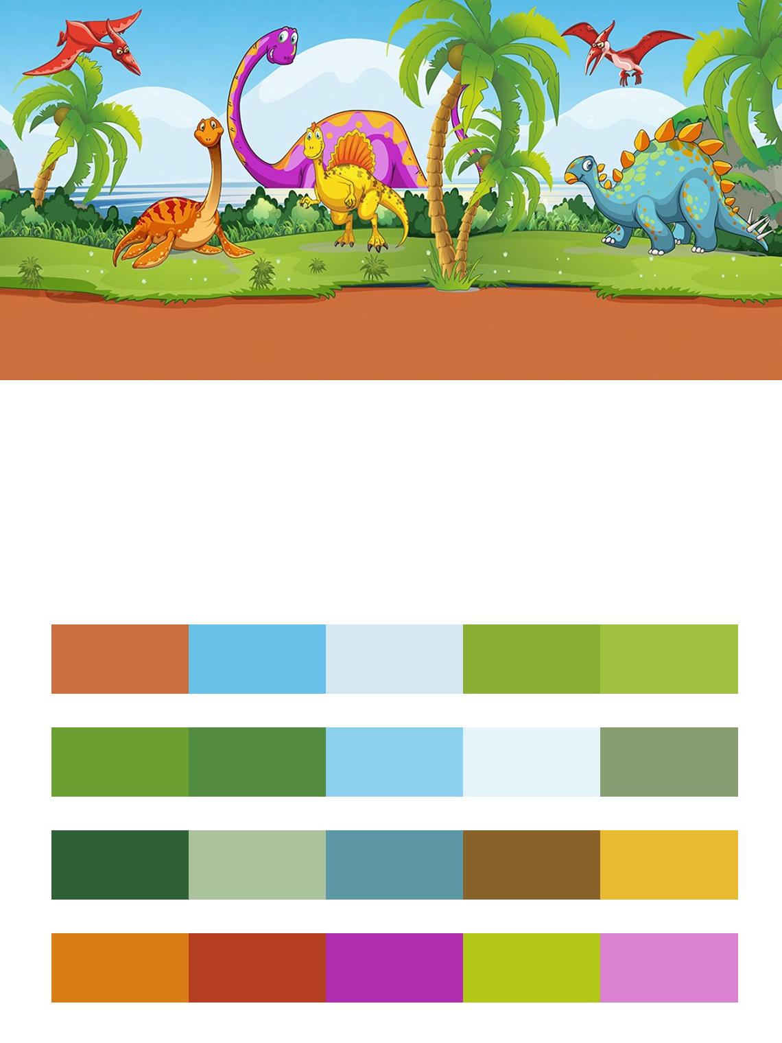 Яркие динозавры на берегу в детскую цвета